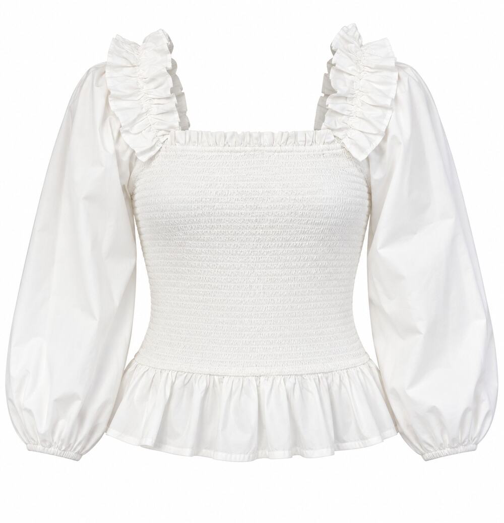 The Drop Cotton Blouse Coquette Boho Large White Ruffle Smocked Puff Sleeve